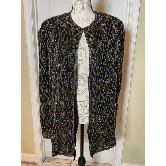 Valarie Stevens Evening black Gold & Silver Beaded Silk Cardigan Vintage 22 - Picture 7 of 15